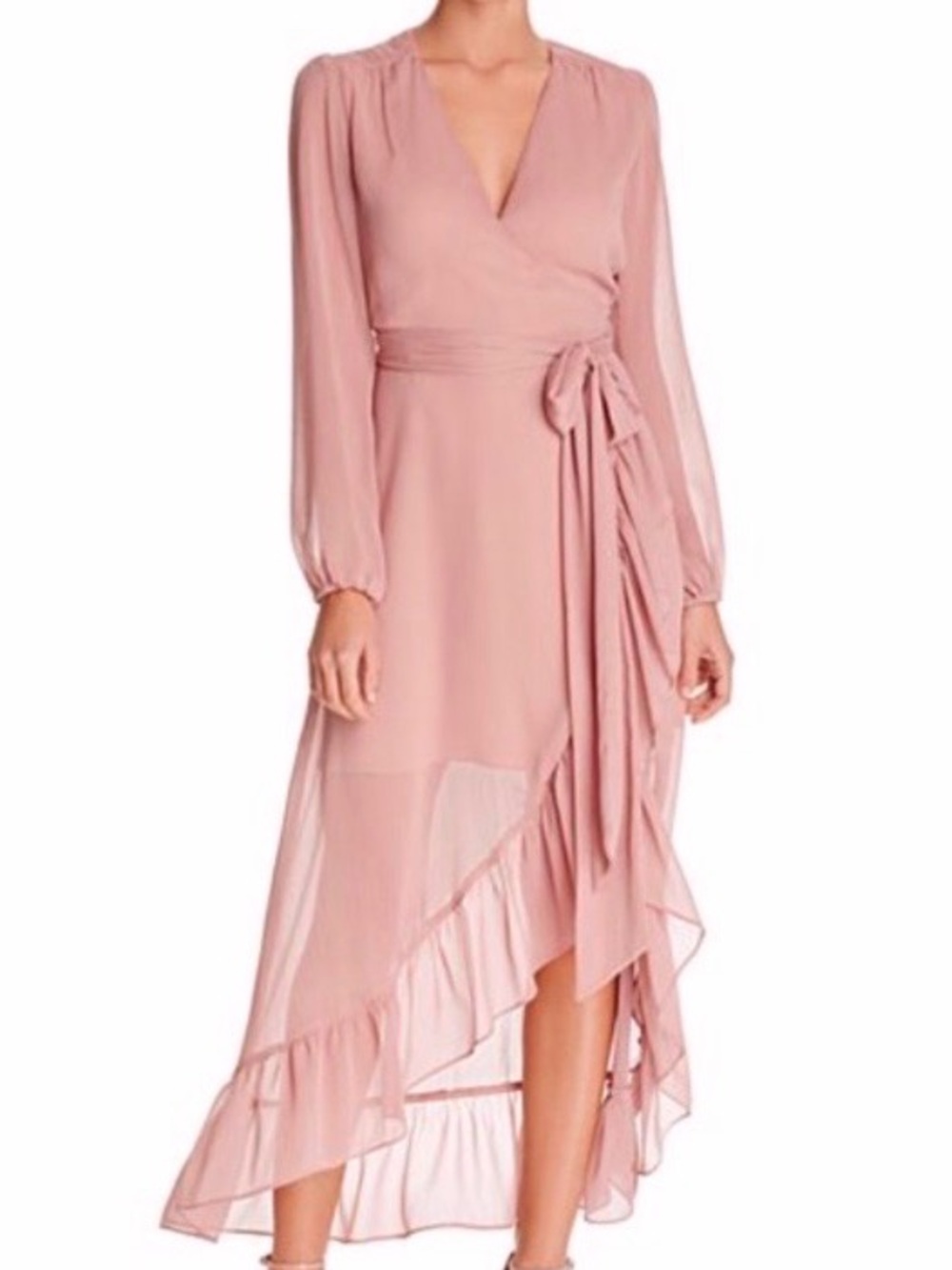 WAYF Pink Wrap Midi Dress with asymmetrical Ruffle   Hem. NWOT